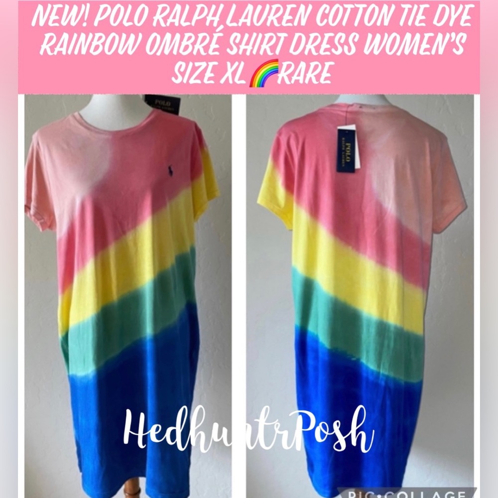 New! Polo Ralph Lauren Cotton Tie Dye Rainbow Ombre TShirt Dress Womens XL